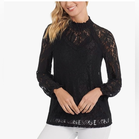 Cable & Gauge NWT Black Lace High Neck Long Sleeve Top Small - Picture 2 of 9